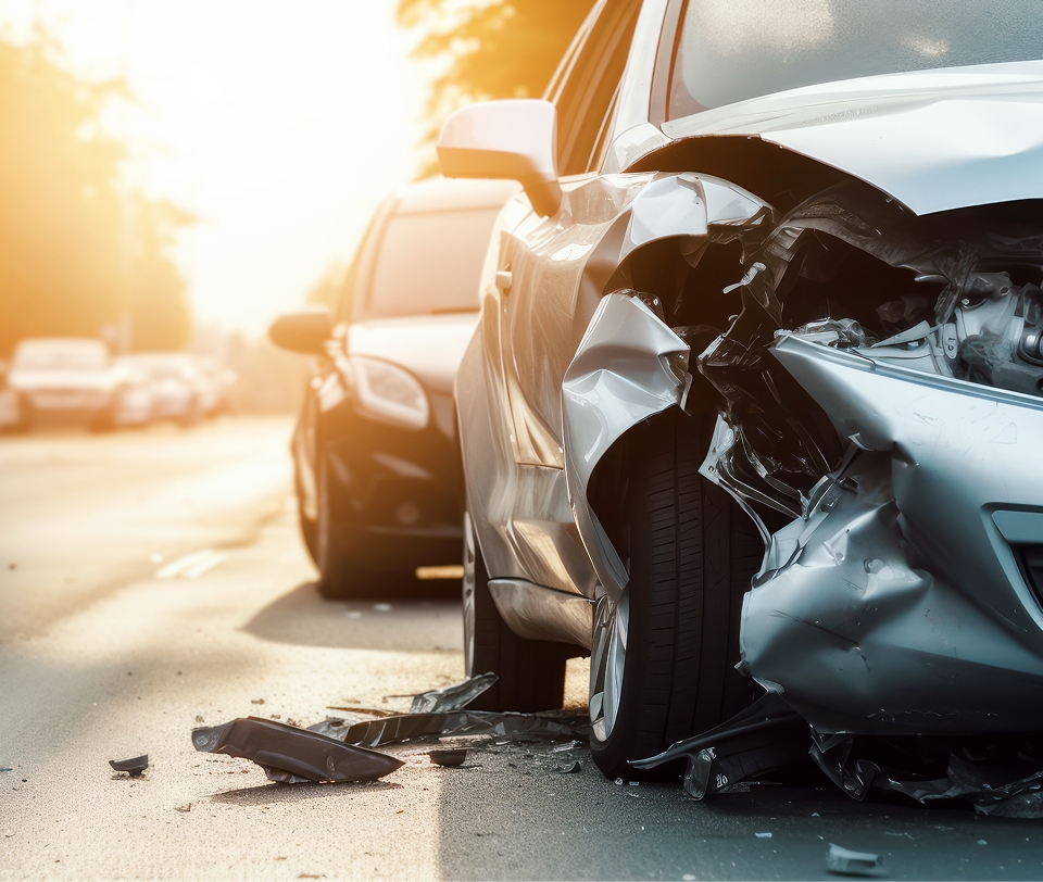 Severely damaged silver car after a collision on Florida road, highlighting need for accident attorney.