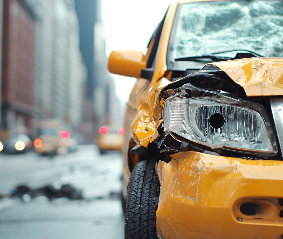 Crashed yellow taxi with severe front-end damage on busy city street, illustrating ride-share accident scene.