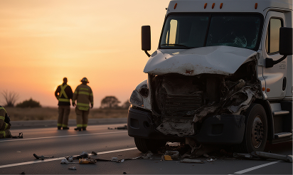Wrecked semi-truck with front-end damage on highway at sunset, firefighters on scene after major accident.